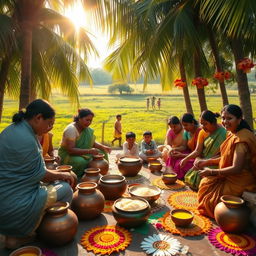 A vibrant celebration of Thai Pongal, depicting families joyfully preparing and sharing the sweet rice dish known as Pongal outdoors