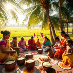 A vibrant celebration of Thai Pongal, depicting families joyfully preparing and sharing the sweet rice dish known as Pongal outdoors