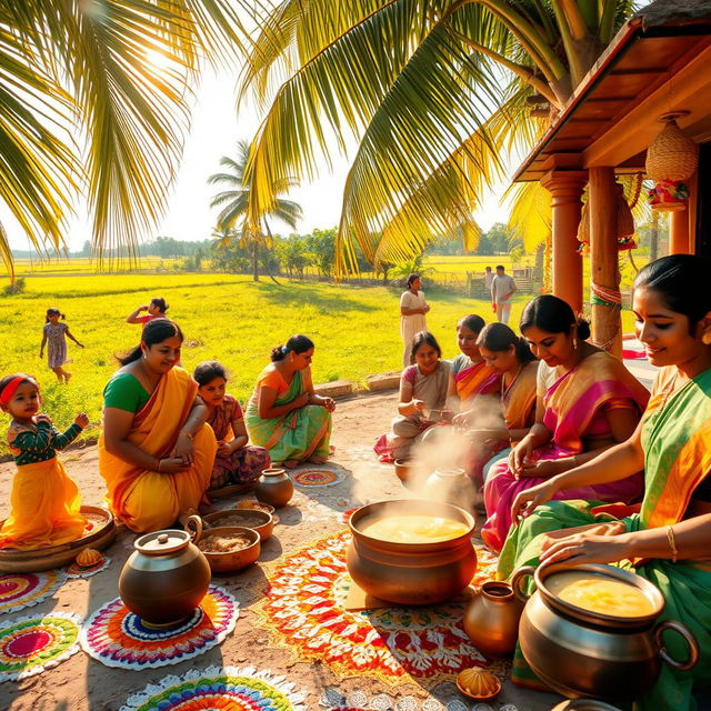 A vibrant celebration of Thai Pongal, depicting families joyfully preparing and sharing the sweet rice dish known as Pongal outdoors