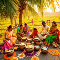 A vibrant celebration of Thai Pongal, depicting families joyfully preparing and sharing the sweet rice dish known as Pongal outdoors