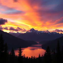 A majestic mountain landscape with a serene lake at its base reflecting the vibrant colors of a sunset