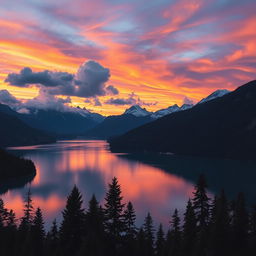 A majestic mountain landscape with a serene lake at its base reflecting the vibrant colors of a sunset