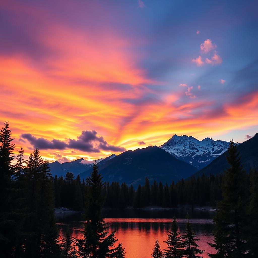A majestic mountain landscape with a serene lake at its base reflecting the vibrant colors of a sunset