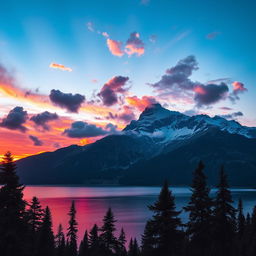 A majestic mountain landscape with a serene lake at its base reflecting the vibrant colors of a sunset