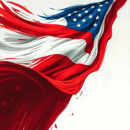 A vibrant and dynamic drawing of the American flag prominently displayed as the background, with bold, swirling brushstrokes that evoke a sense of motion and drama