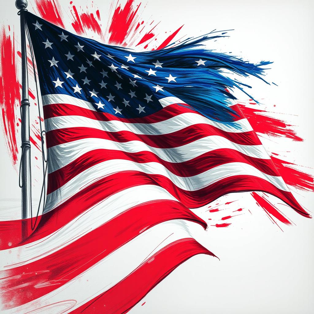 A vibrant and dynamic drawing of the American flag prominently displayed as the background, with bold, swirling brushstrokes that evoke a sense of motion and drama