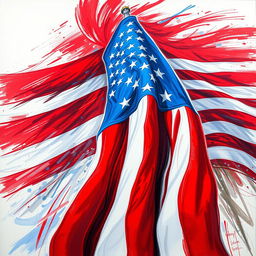 A vibrant and dynamic drawing of the American flag prominently displayed as the background, with bold, swirling brushstrokes that evoke a sense of motion and drama
