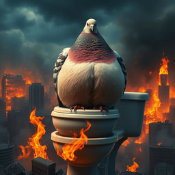 An ultra-realistic depiction of an obese pigeon sitting on a toilet in the midst of a burning city