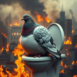 An ultra-realistic depiction of an obese pigeon sitting on a toilet in the midst of a burning city