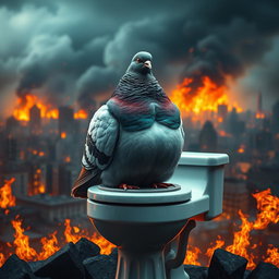 An ultra-realistic depiction of an obese pigeon sitting on a toilet in the midst of a burning city