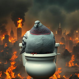 An ultra-realistic depiction of an obese pigeon sitting on a toilet in the midst of a burning city
