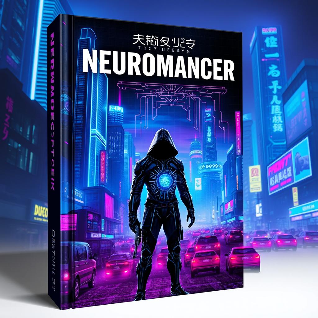 A striking book cover inspired by the cyberpunk aesthetic of 'Neuromancer'