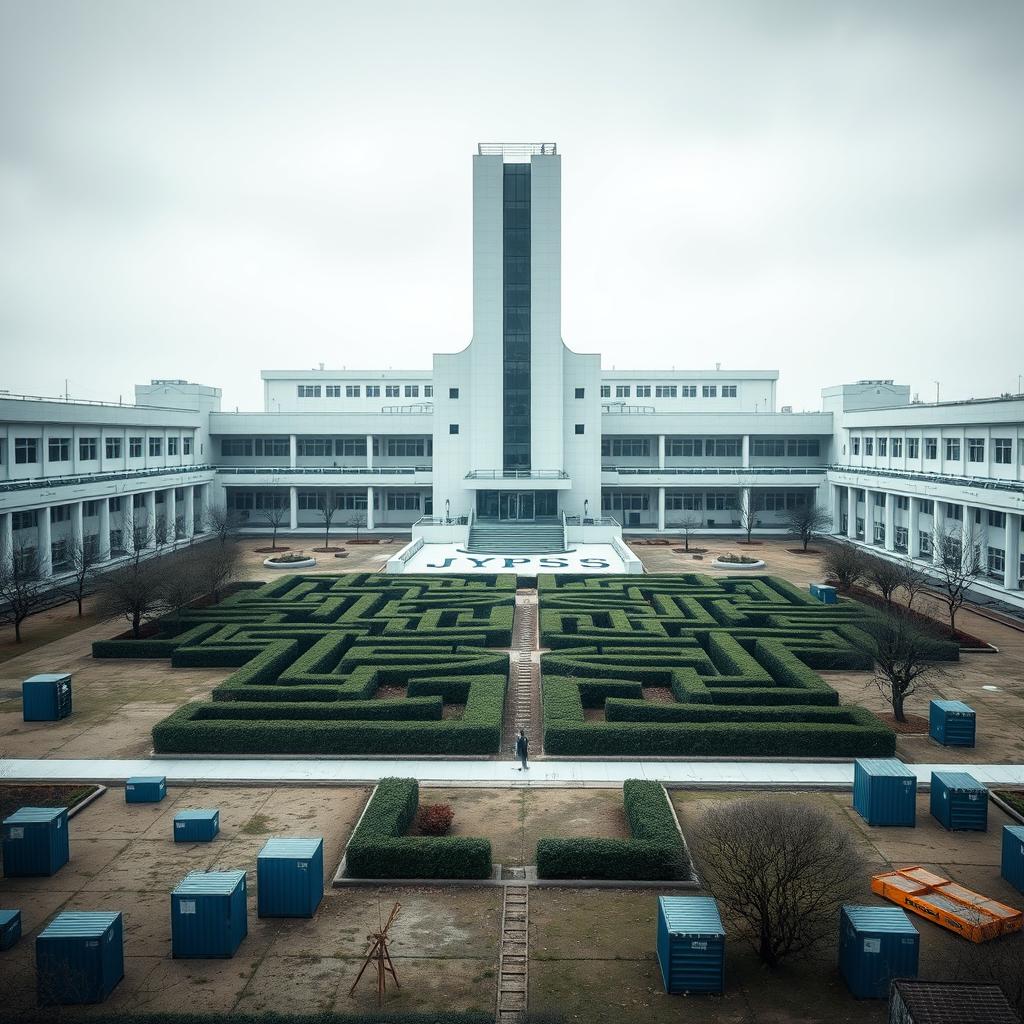 A grand and intimidating facility named JYPSYS, designed with a simple yet imposing aesthetic