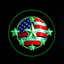 A logo design featuring a green neon glow, creatively incorporating elements of the American flag