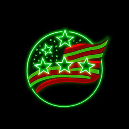 A logo design featuring a green neon glow, creatively incorporating elements of the American flag