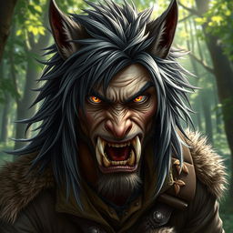 A striking portrait of a half-human, half-longtooth shifter, inspired by the Dungeons and Dragons 4th Edition ranger class