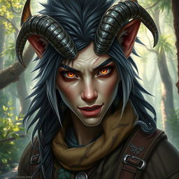 A captivating portrait of a half-human, half-longtooth shifter, inspired by the Dungeons and Dragons 4th Edition ranger class, featuring striking metal horns