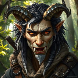 A captivating portrait of a half-human, half-longtooth shifter, inspired by the Dungeons and Dragons 4th Edition ranger class, featuring striking metal horns
