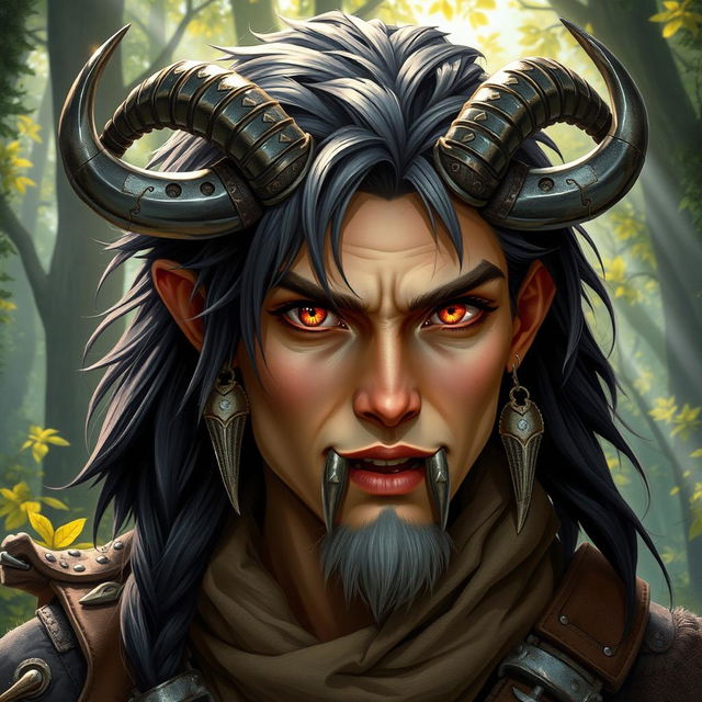 A captivating portrait of a half-human, half-longtooth shifter, inspired by the Dungeons and Dragons 4th Edition ranger class, featuring striking metal horns