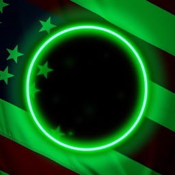 A logo design featuring a green neon glowing circular shape with the American flag as the background