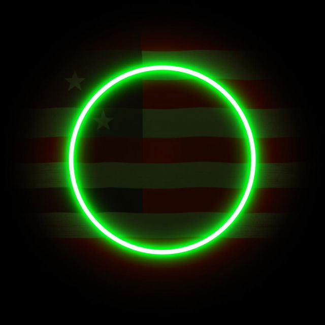 A logo design featuring a green neon glowing circular shape with the American flag as the background