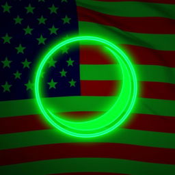 A logo design featuring a green neon glowing circular shape with the American flag as the background