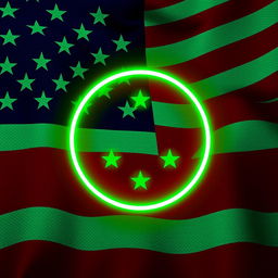 A logo design featuring a green neon glowing circular shape with the American flag as the background