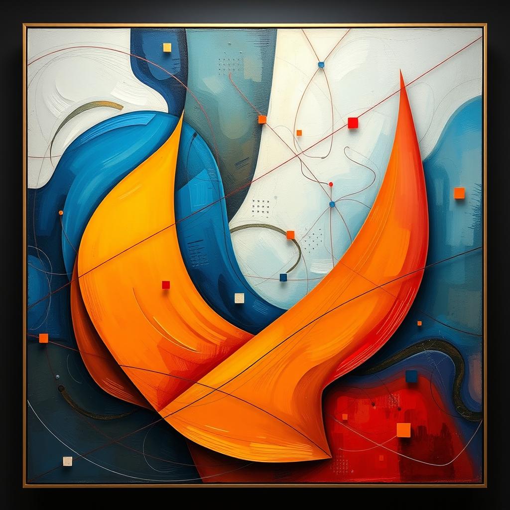 A thought-provoking realistic modern art piece that blends abstract shapes and vivid colors to convey themes of connection and isolation in the digital age