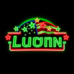 A vibrant logo design featuring a green neon glow combined with elements of the American flag