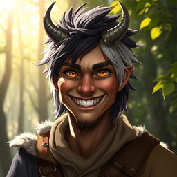 A warm and inviting portrait of a half-human, half-longtooth shifter, inspired by the Dungeons and Dragons 4th Edition ranger class, who embodies goodness and kindness