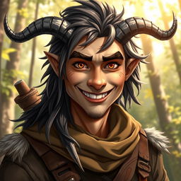 A warm and inviting portrait of a half-human, half-longtooth shifter, inspired by the Dungeons and Dragons 4th Edition ranger class, who embodies goodness and kindness