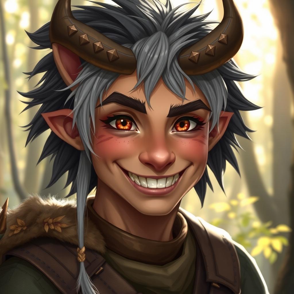 A warm and inviting portrait of a half-human, half-longtooth shifter, inspired by the Dungeons and Dragons 4th Edition ranger class, who embodies goodness and kindness