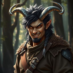A heroic portrait of a half-human, half-longtooth shifter, inspired by the Dungeons and Dragons 4th Edition ranger class, showcasing their distinctive metal horns