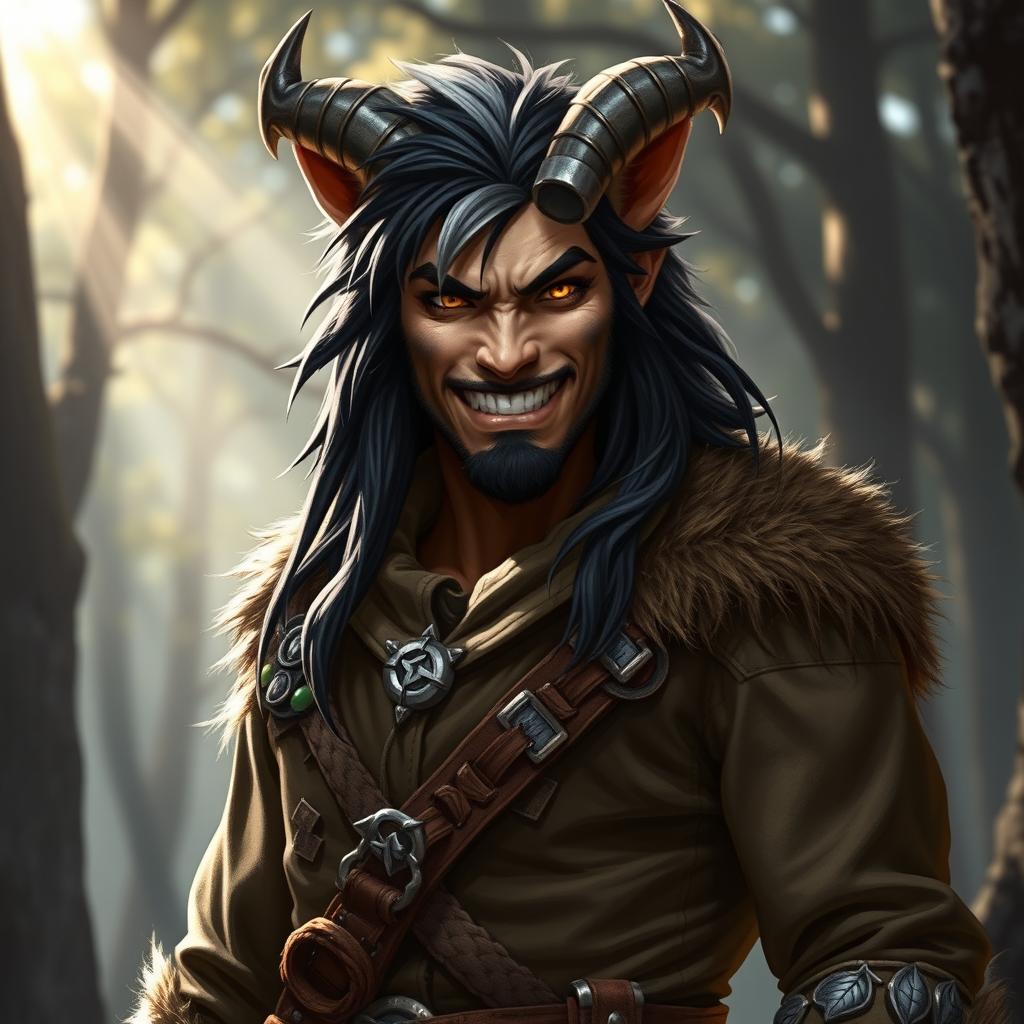 A heroic portrait of a half-human, half-longtooth shifter, inspired by the Dungeons and Dragons 4th Edition ranger class, showcasing their distinctive metal horns