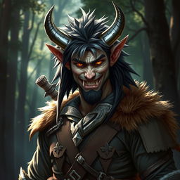 A heroic portrait of a half-human, half-longtooth shifter, inspired by the Dungeons and Dragons 4th Edition ranger class, showcasing their distinctive metal horns