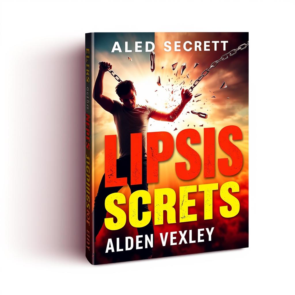 A vibrant and realistic book cover design for "Elipsis Secrets" by Alden Vexley, featuring a central figure breaking free from chains, encapsulating themes of transformation and empowerment