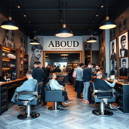 A stylish men's barber shop named 'Aboud Salon for Hairdressing', featuring a modern decor with vintage elements