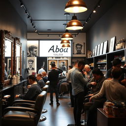 A stylish men's barber shop named 'Aboud Salon for Hairdressing', featuring a modern decor with vintage elements