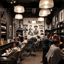 A stylish men's barber shop named 'Aboud Salon for Hairdressing', featuring a modern decor with vintage elements
