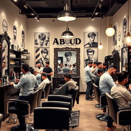 A stylish men's barber shop named 'Aboud Salon for Hairdressing', featuring a modern decor with vintage elements