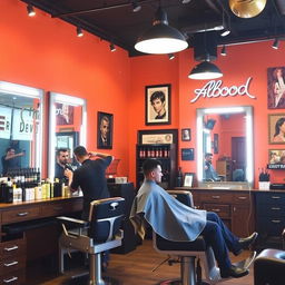 A vibrant men's barber shop and hairdresser named Abood Salon, featuring a stylish interior with vintage barber chairs, large mirrors, and decorative artwork on the walls