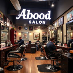 A vibrant men's barber shop and hairdresser named Abood Salon, featuring a stylish interior with vintage barber chairs, large mirrors, and decorative artwork on the walls