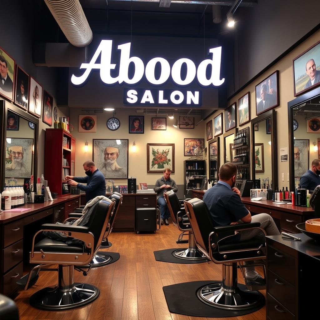 A vibrant men's barber shop and hairdresser named Abood Salon, featuring a stylish interior with vintage barber chairs, large mirrors, and decorative artwork on the walls