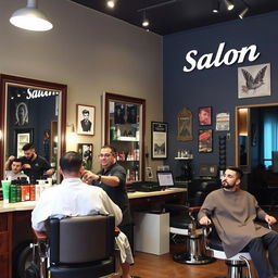 A vibrant men's barber shop and hairdresser named Abood Salon, featuring a stylish interior with vintage barber chairs, large mirrors, and decorative artwork on the walls