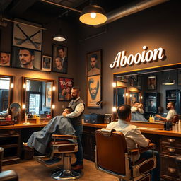 A vibrant men's barber shop and hairdresser named Abood Salon, featuring a stylish interior with vintage barber chairs, large mirrors, and decorative artwork on the walls