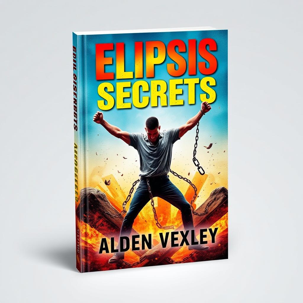 A striking and vivid book cover design titled 'Elipsis Secrets' by Alden Vexley, featuring a person breaking free from chains in a realistic and vibrant scene