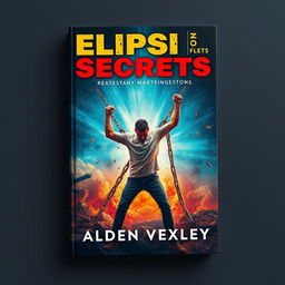 A striking and vivid book cover design titled 'Elipsis Secrets' by Alden Vexley, featuring a person breaking free from chains in a realistic and vibrant scene