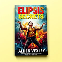 A striking and vivid book cover design titled 'Elipsis Secrets' by Alden Vexley, featuring a person breaking free from chains in a realistic and vibrant scene