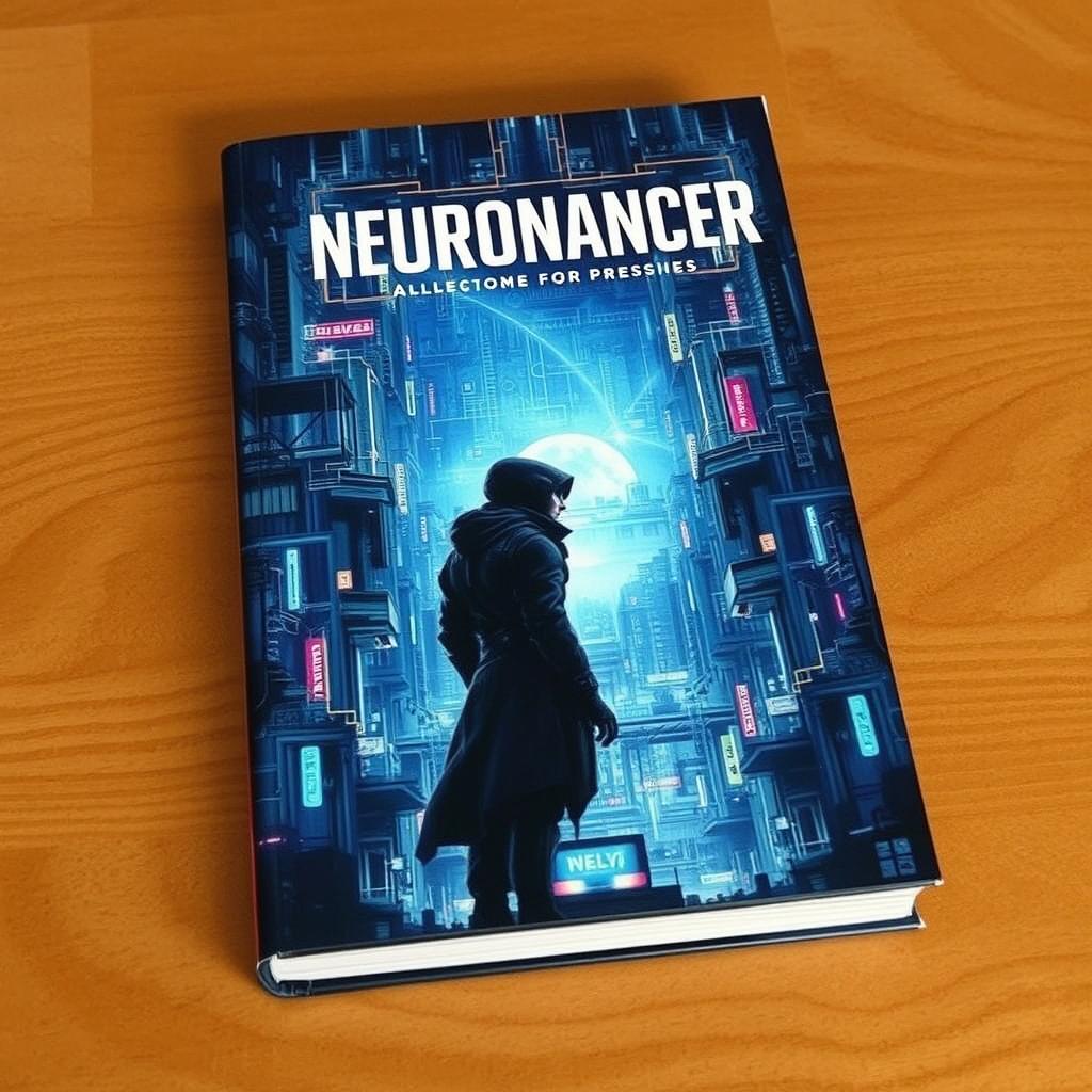 A captivating book cover for a science fiction novel, drawing inspiration from the iconic cover of 'Neuromancer'