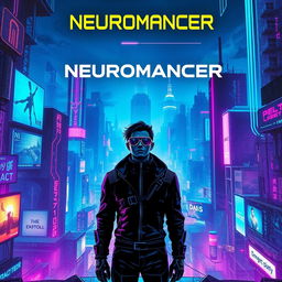 A visually stunning book cover for a science fiction novel, emulating the style of the iconic 'Neuromancer' cover